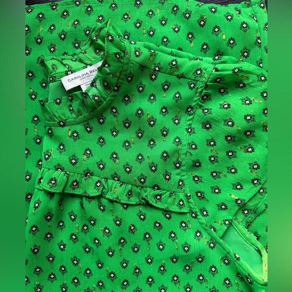 Carolina Belle Green Ruffle Neck Floral Blouse Top Size M - Picture 10 of 10